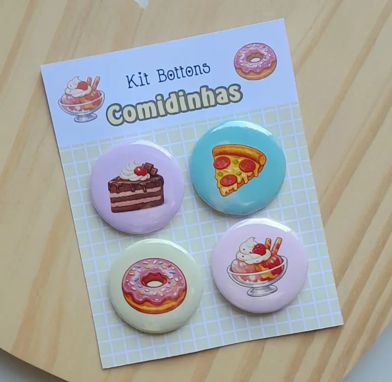 Cartela com 04 Bottons - Tema Comidinhas