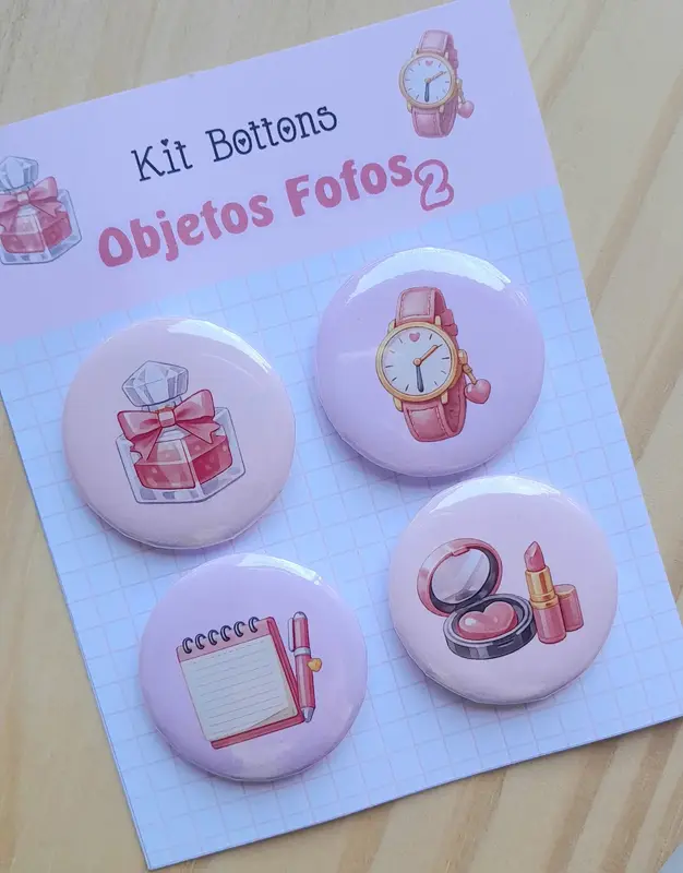 Cartela com 04 Bottons - Tema Objetos Fofos 2