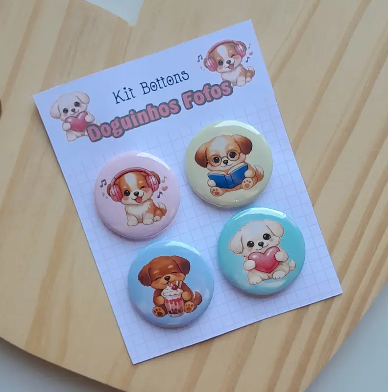 Cartela com 04 Bottons - Tema Doguinhos Fofos