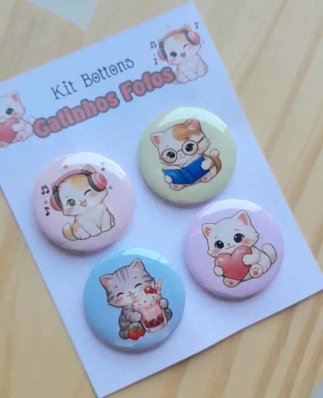 Cartela com 04 Bottons - Tema Gatinhos Fofos